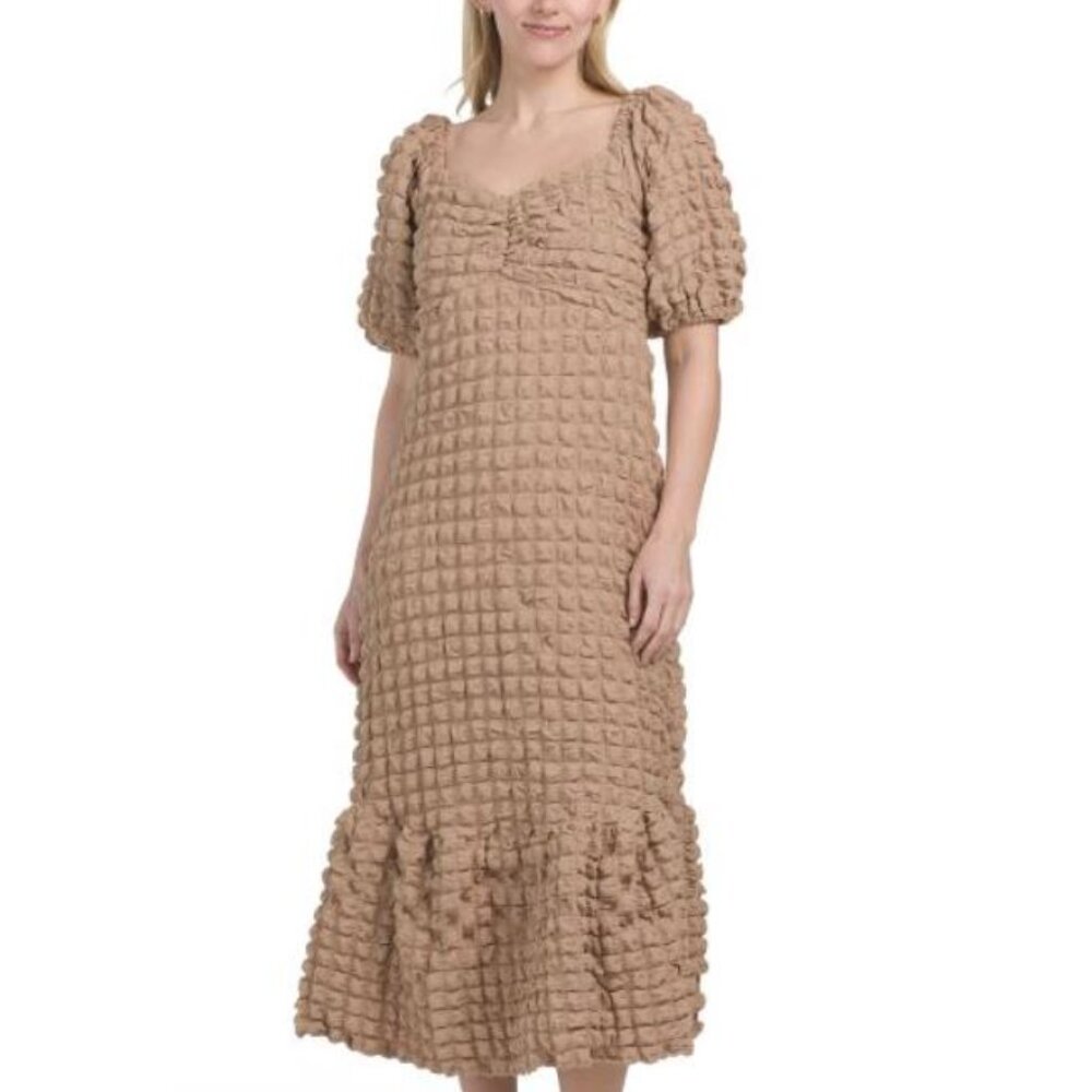NWT Elegant Tan Puff Sleeve Textured Midi Dress in Size S